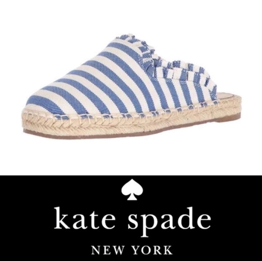 Kate Spade Laila Blue & Cream Ruffle Espadrilles Mules Shoes Sz 7.5 & 8 $128